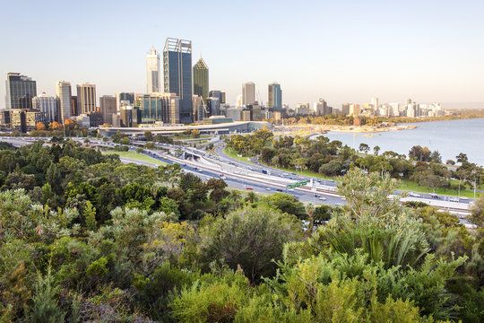 Perth city skyline and main road