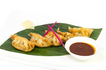 Japanese dumplings with lettuce on white background