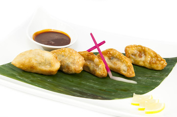 Japanese dumplings with lettuce on white background