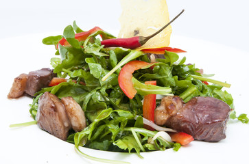 duck with arugula on a white background in the restaurant