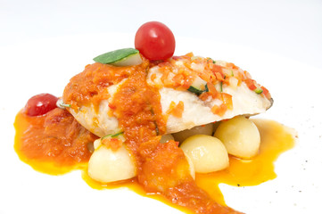 baked fish with potatoes in tomato sauce