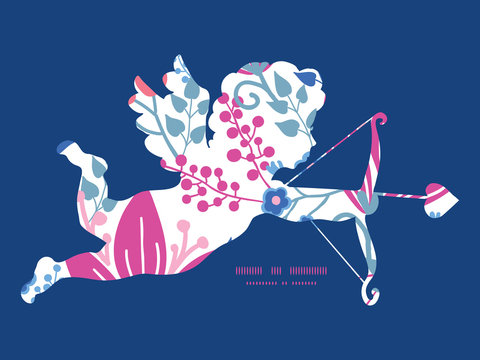Vector pink flowers shooting cupid silhouette frame pattern