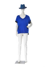 full-length female clothing in hat on mannequin-white background