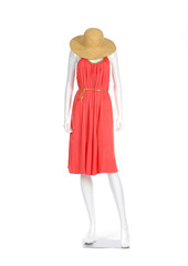  female orange sundress clothing a in straw hat on mannequin
