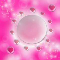 Red heart on white circle for text on a pink bokeh background. V