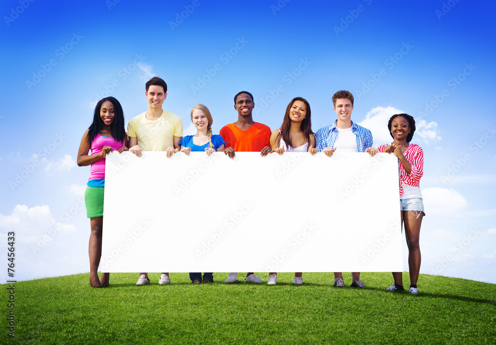 Wall mural group friends outdoors team holding space fun concept - Wall murals