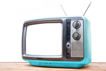 Obraz premium Blue Vintage TV on wood table