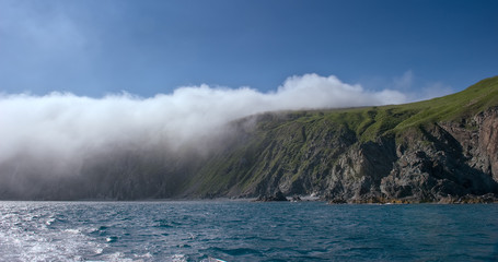 Rocky coast, covered in mist.