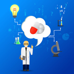 science and medicine infographic on blue background.(big pills i