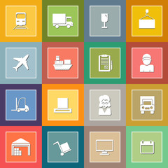 Warehouse transportation and delivery icons flat set