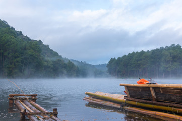 Bamboo raft on Pang Ung reservoir lake.