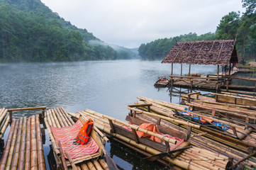 Fototapeta na wymiar Bamboo raft on Pang Ung reservoir lake.