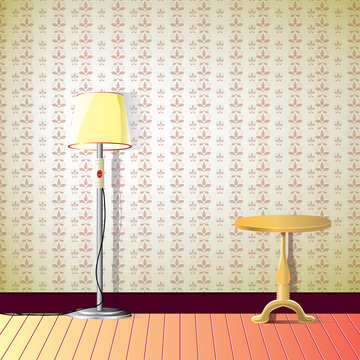room with wallpaper, lamp and small desk