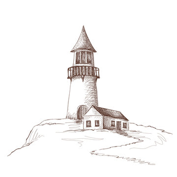 Pencil drawing - a lighthouse with a house