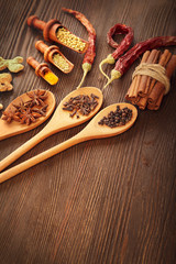 Herbs and Spices over wooden background