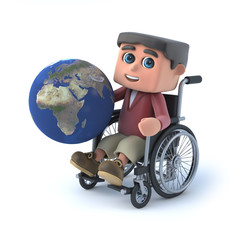 3d Boy in a wheelchair holding globe of the Earth