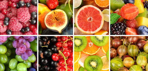 Fruits and berries in colorful collage