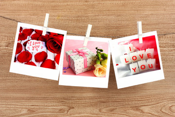 Photo cards hanging on the clothesline, Valentine's Day concept