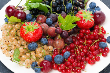 assorted garden berries on a plate, close-up
