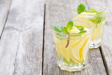 refreshing mint lemonade on a wooden table, space for your text
