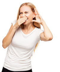Laughing woman eavesdropping