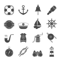 Black and white yachting icons set. Anchor, binocular, ropes