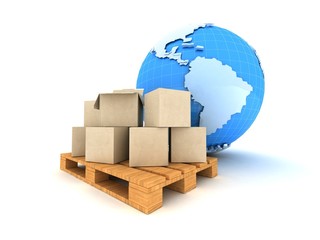 Cardboard boxes and Earth globe