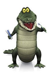 Cartoon crocodile brushing his teeth.