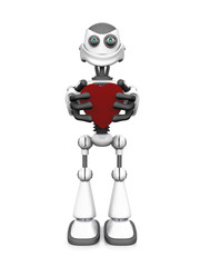 White smiling cartoon robot holding heart.