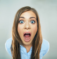funny face of young business woman . open mouth. teeth.
