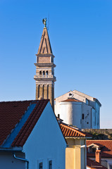 Saint George church and bell tower at city of Piran in Istria