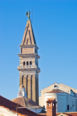 Saint George church and bell tower at city of Piran in Istria