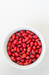 Closeup of rose-hip berries in white bow with white background