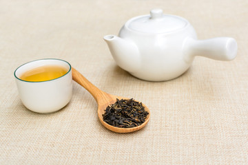 Cup of tea on sackcloth