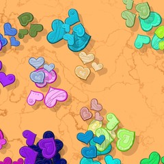 Colorful hearts with drop shadow on textured background