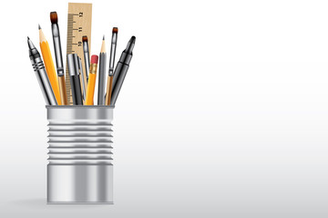 School supplies in tin can vector background