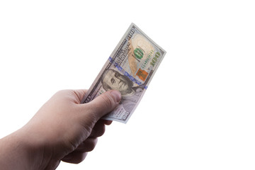 male hand holding one hundred dollar banknote on white backgroun