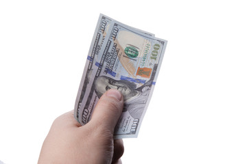 male hand holding hundred dollar banknotes on white background
