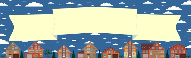 Above the houses develops banner for your text, vector