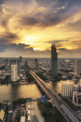 Landscape of River in Bangkok city with bird view
