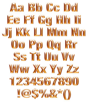 3D alphabets, digits and sign on isolated white background.