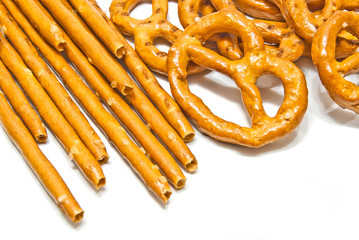 salted pretzels and breadsticks closeup