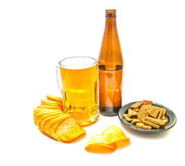beer, chips and rye crackers closeup