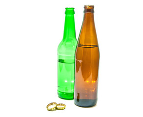 two bottle of beer and caps closeup