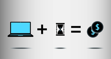 metaphor for the work plus time equals money, flat vector design