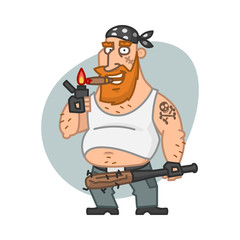 Biker man holding bat and smoking cigar