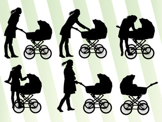 Mother with baby pram vector background set