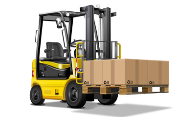 Gabelstapler mit Europalette gelb, scharz, freigestellt