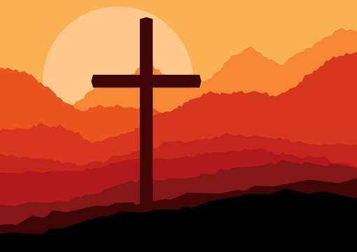 Cross and nature landscape vector concept background