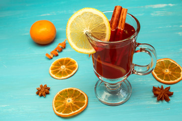 Mulled wine on a blue background